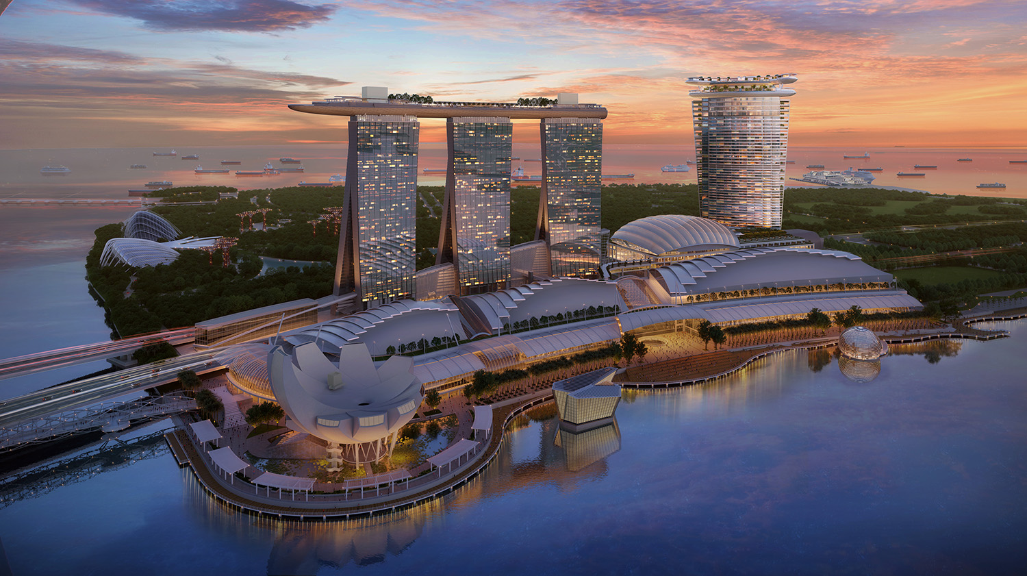 The envisioned waterfront with Las Vegas Sands’ new ultra-luxury development featuring a 55-storey hotel tower and podium with 15,000-seat arena situated adjacent to the existing Marina Bay Sands_credit to Safdie Architects.jpg